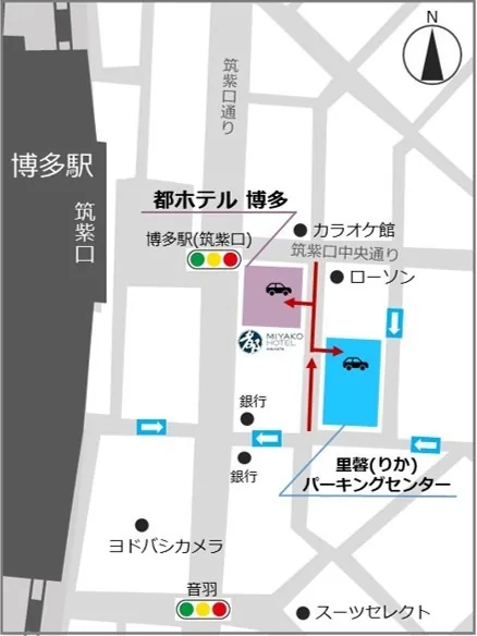 ทางเข้าที่จอดรถและตำแหน่ง Miyako Hotel Hakata ใกล้ Hakata Station