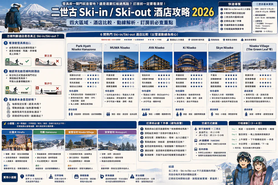 กรอบเปรียบเทียบโรงแรม Ski-in/Ski-out ในนิเซโกะ โดยดูทั้ง ski-out, ski-back, ห้องเก็บอุปกรณ์ และระยะไปจุดเรียนสกี